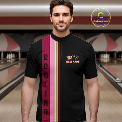 Black and Pink Retro Bowling Polo, Quarter Zip Shirts for Men Custom Team Bowling League Jerseys NQS10503