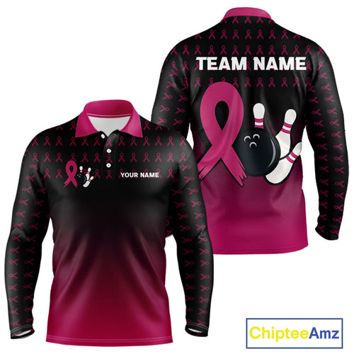 Black and Pink ribbon pattern Bowling shirts for Men Custom breast cancer bowling team jerseys NQS10158