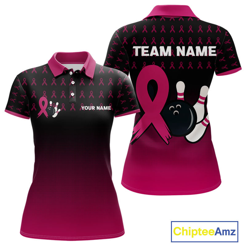 Black and Pink ribbon pattern Bowling shirts for Women Custom breast cancer bowling team jerseys NQS10158