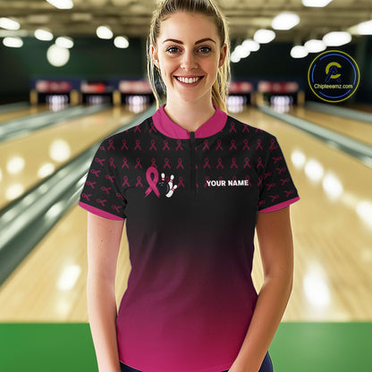 Black and Pink ribbon pattern Bowling shirts for Women Custom breast cancer bowling team jerseys NQS10158