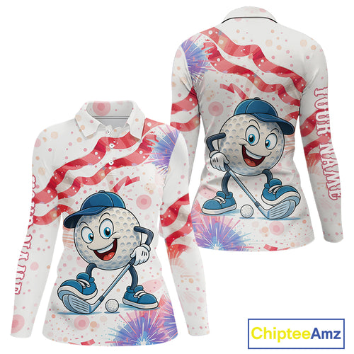 Funny Golf Ball Watercolor red, white and blue Women golf polo shirt custom patriotic fun golf shirts NQS10293