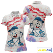 Load image into Gallery viewer, Funny Golf Ball Watercolor red, white and blue Women golf polo shirt custom patriotic fun golf shirts NQS10293