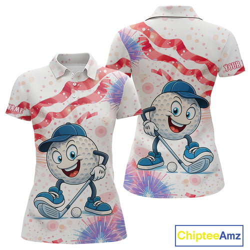 Funny Golf Ball Watercolor red, white and blue Women golf polo shirt custom patriotic fun golf shirts NQS10293