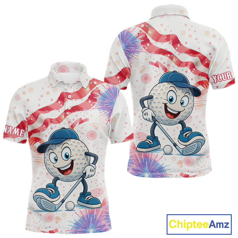 Funny Golf Ball Watercolor red, white and blue Mens golf polo shirts custom patriotic fun golf shirts NQS10293