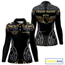 Load image into Gallery viewer, Personalized Black And Gold tribal pattern Bowling Shirts For Women, angel wings Bowling Team jerseys NQS10298