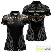 Load image into Gallery viewer, Personalized Black And Gold tribal pattern Bowling Shirts For Women, angel wings Bowling Team jerseys NQS10298