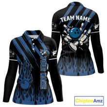Load image into Gallery viewer, Black &amp; Blue Flame Retro Bowling Polo, Quarter Zip Shirt for Women Custom Vintage Team Bowling Jersey NQS10504