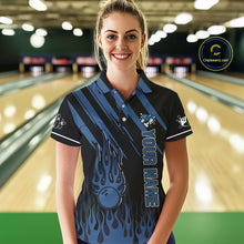 Load image into Gallery viewer, Black &amp; Blue Flame Retro Bowling Polo, Quarter Zip Shirt for Women Custom Vintage Team Bowling Jersey NQS10504