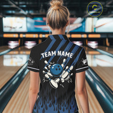Load image into Gallery viewer, Black &amp; Blue Flame Retro Bowling Polo, Quarter Zip Shirt for Women Custom Vintage Team Bowling Jersey NQS10504