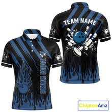 Load image into Gallery viewer, Black and Blue Flame Retro Bowling Polo, Quarter Zip Shirt for Men Custom Vintage Team Bowling Jersey NQS10504