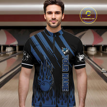 Load image into Gallery viewer, Black and Blue Flame Retro Bowling Polo, Quarter Zip Shirt for Men Custom Vintage Team Bowling Jersey NQS10504