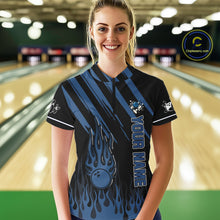 Load image into Gallery viewer, Black &amp; Blue Flame Retro Bowling Polo, Quarter Zip Shirt for Women Custom Vintage Team Bowling Jersey NQS10504