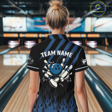 Load image into Gallery viewer, Black &amp; Blue Flame Retro Bowling Polo, Quarter Zip Shirt for Women Custom Vintage Team Bowling Jersey NQS10504