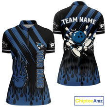 Load image into Gallery viewer, Black &amp; Blue Flame Retro Bowling Polo, Quarter Zip Shirt for Women Custom Vintage Team Bowling Jersey NQS10504