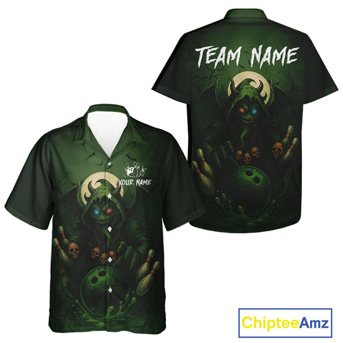 Personalized Green Reaper Skull Halloween Bowling Hawaiian Shirt Custom Skull Bowling Team shirt NQS10311