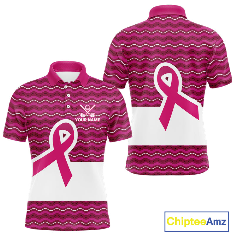 Pink ribbon Mens polo golf shirts Custom Breast cancer awareness team golf attire for men NQS10509