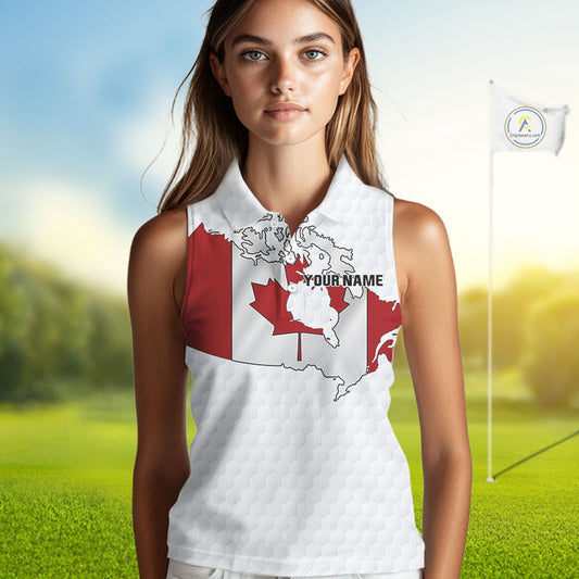 Personalized vintage Canadian Flag Women sleeveless polo shirt Custom Patriotic ladies Golf outfit NQS10182
