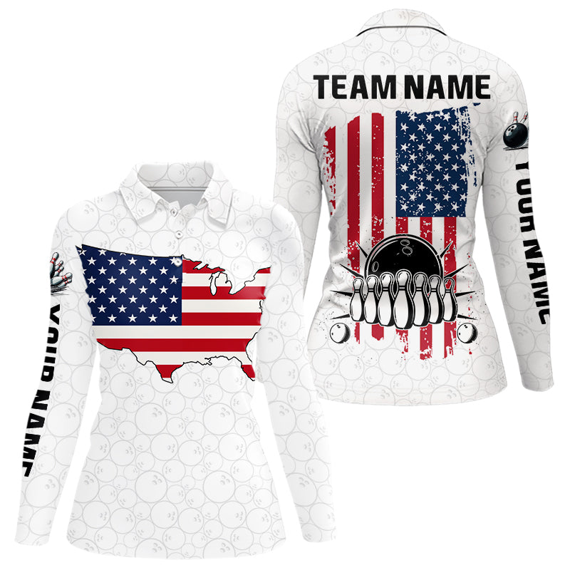 Personalized American Flag White Bowling Shirts For Women Custom patriotic Team Bowling jerseys NQS10184