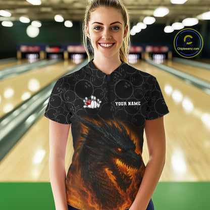 Custom Black Camo Flame Dragon Bowling Team Shirts For Women, Bowling Uniform gift for bowlers NQS10320