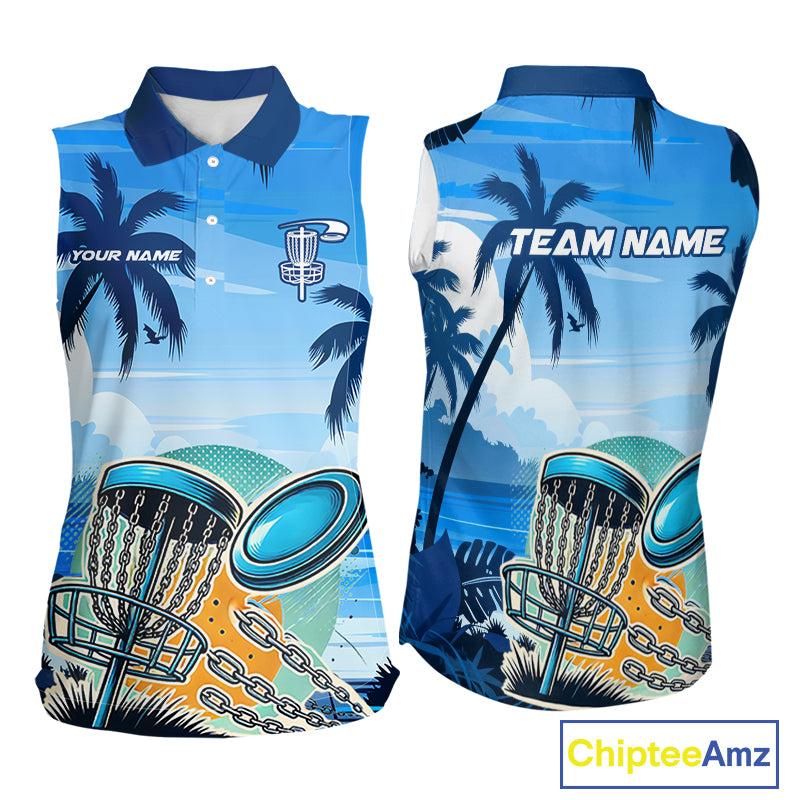 Blue Disc golf basket Women Sleeveless Disc golf polo shirts Custom team disc golf jerseys NQS10021