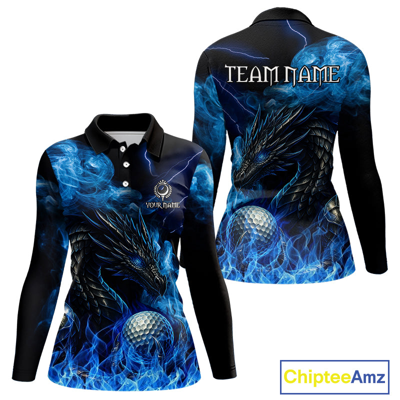 Blue Flame Dragon Women Golf polo shirts Custom Dragon team ladies golf outfits, gift for golf lover NQS10024