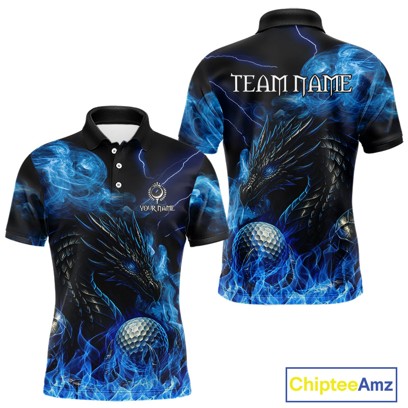Blue Flame Dragon Golf polo shirts For Men Custom Dragon team mens golf outfits, gift for golf lover NQS10024