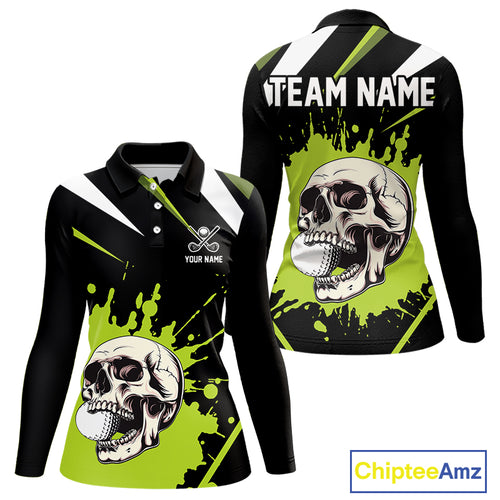 Black and Green Skull Golf polo shirts for Women Custom team golf outfits ladies, cool golf gifts NQS10025