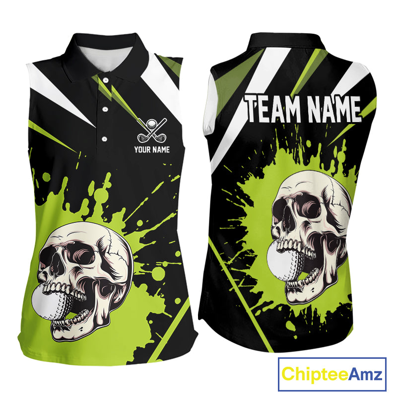 Black and Green Skull Sleeveless Golf polo shirts Custom team golf outfits ladies, cool golf gifts NQS10025