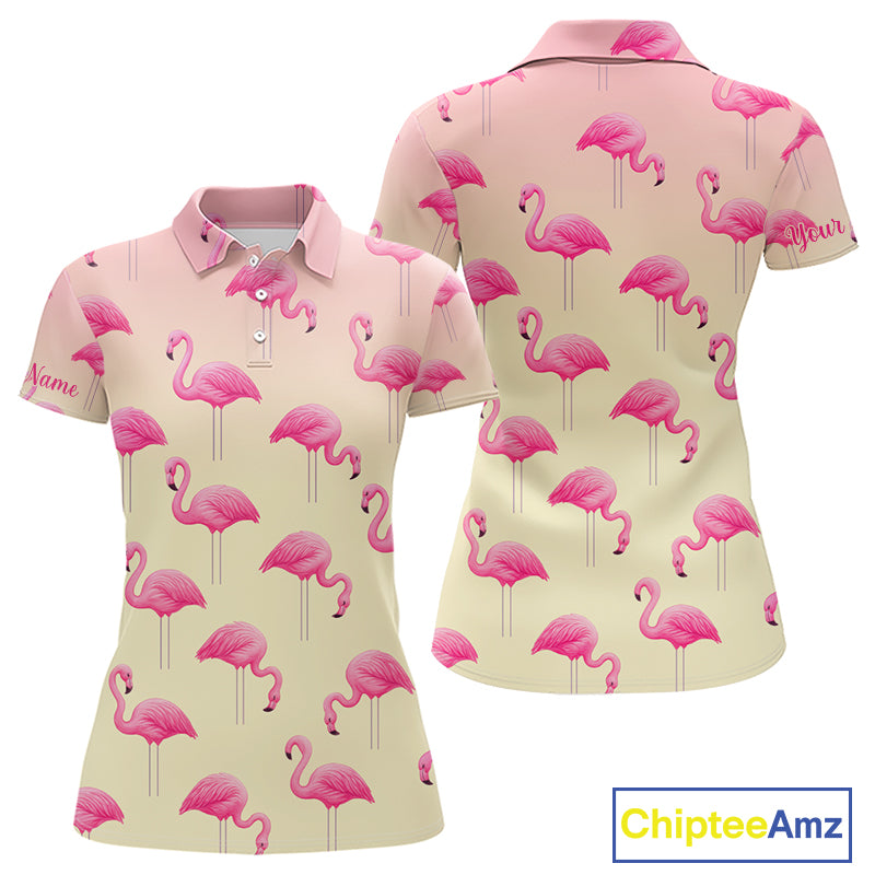 Personalized pink gradient Flamingo pattern Women golf polo shirt Custom golf team theme outfits NQS10324