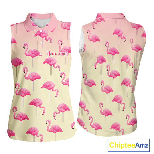 Personalized pink gradient Flamingo pattern Women sleeveless polo shirt Custom golf team theme outfit NQS10324
