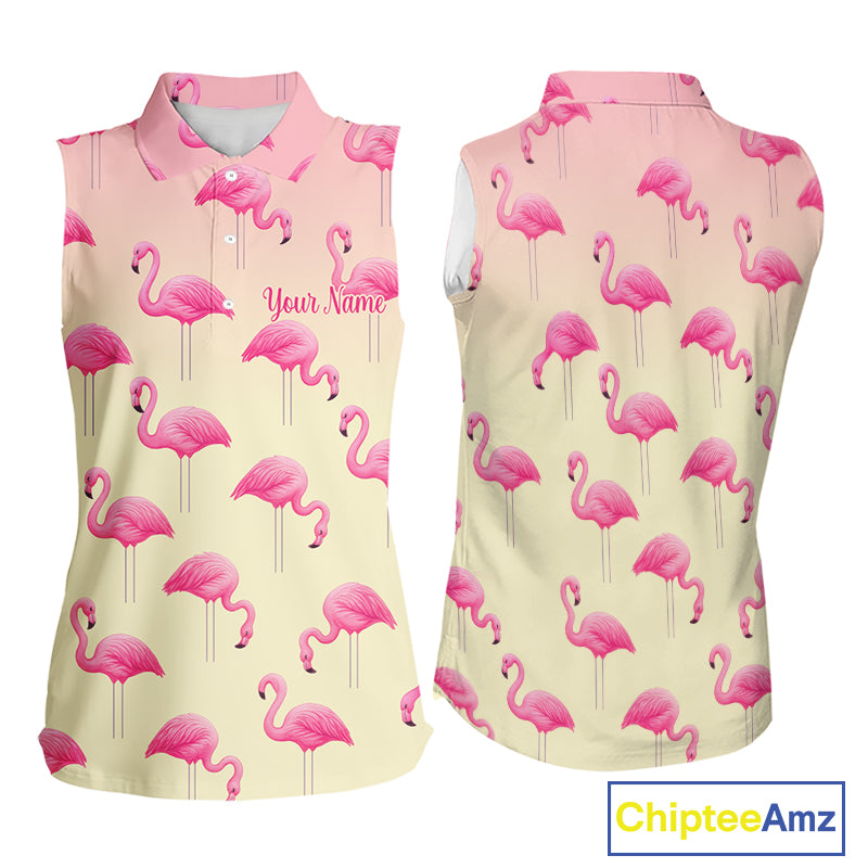 Personalized pink gradient Flamingo pattern Women sleeveless polo shirt Custom golf team theme outfit NQS10324