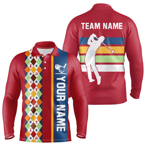 Retro colorful argyle pattern Men golf polo shirt custom Team Golf Outfits for mens | Red NQS10327