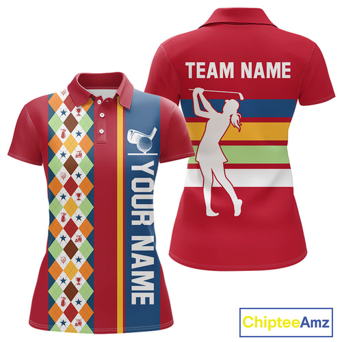 Retro colorful argyle pattern Women golf polo shirt custom Team Golf Outfits for ladies | Red NQS10327
