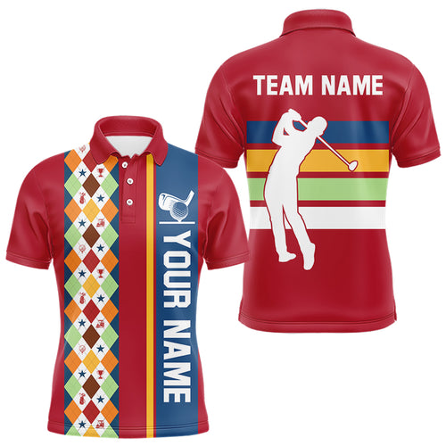 Retro colorful argyle pattern Men golf polo shirt custom Team Golf Outfits for mens | Red NQS10327