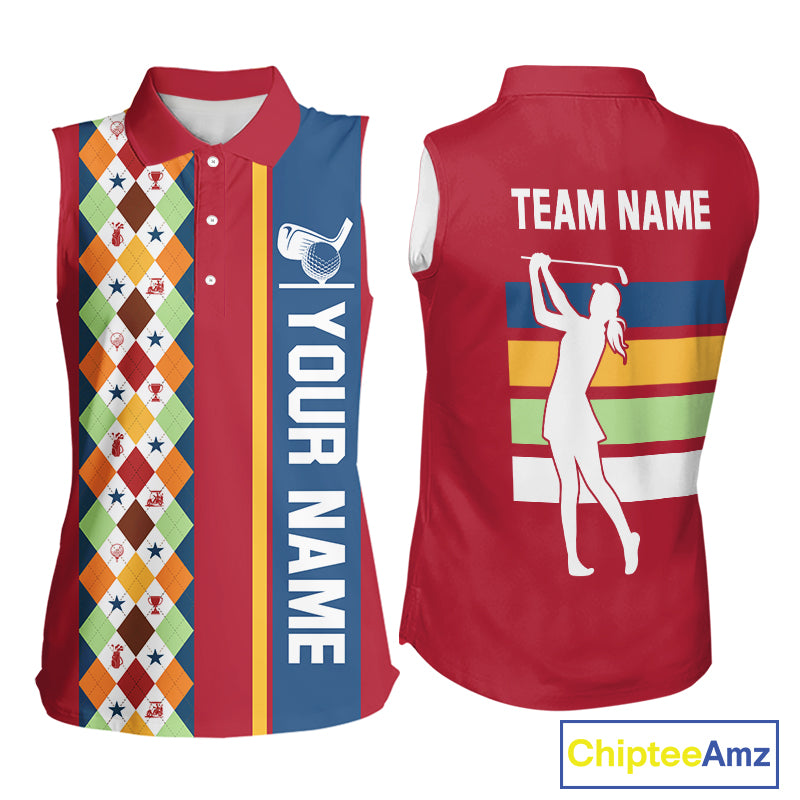 Retro colorful argyle pattern Women sleeveless polo shirt custom Team Golf Outfits for ladies | Red NQS10327