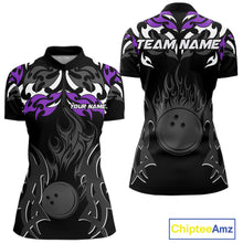 Load image into Gallery viewer, Black and Purple Flame Bowling Polo, 1/4 Zip shirt for Women Custom Team bowling jersey bowler gift NQS10535