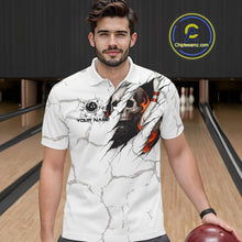 Load image into Gallery viewer, Personalized White Grunge Flame Skull Bowling shirts for men Custom Team Bowling League Shirts NQS10536