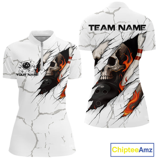 Personalized White Grunge Flame Skull Bowling shirts for Women Custom Team Bowling League Shirts NQS10536