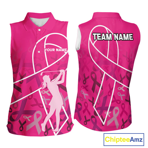 Pink ribbon pattern breast cancer awareness Women sleeveless polo shirt Custom team ladies Golf top NQS10189