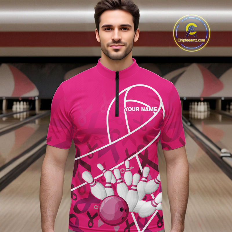 Pink ribbon pattern breast cancer awareness Bowling Shirts For Men Custom team bowling jerseys NQS10190