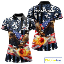 Load image into Gallery viewer, Blue Camo American Flag Eagle Flame Bowling Shirts For Women Custom Patriotic Bowling Team Shirts NQS10551