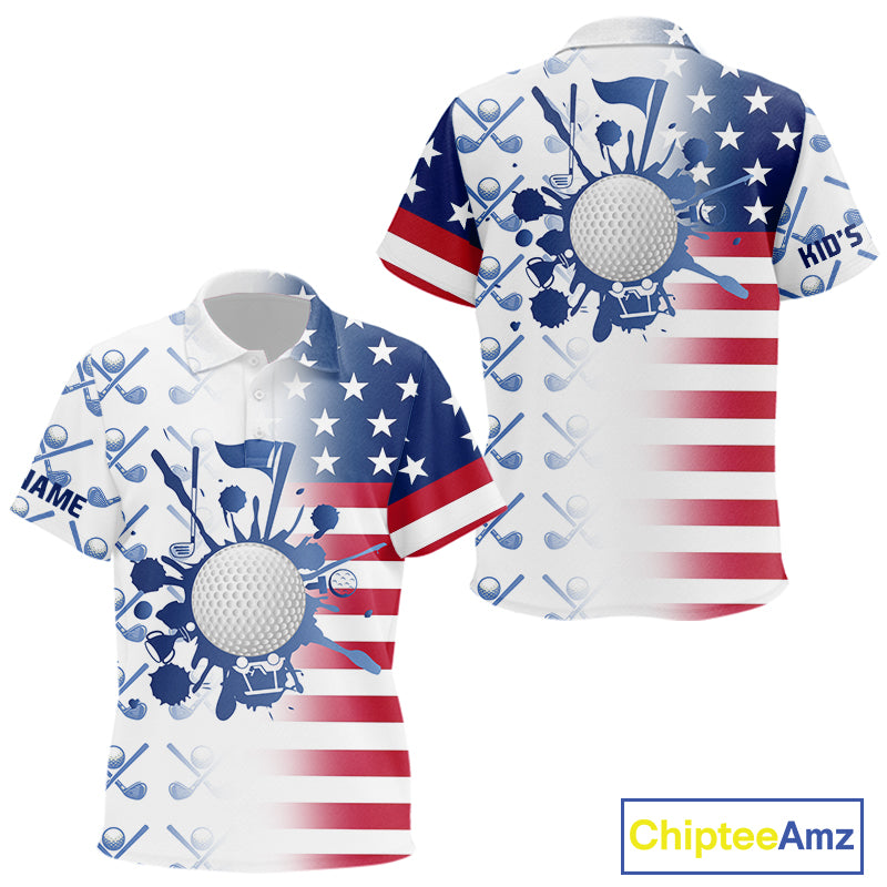 Red, White and Blue American Flag Kid Golf polo shirts Custom patriotic Golf Outfit For Kid NQS10035