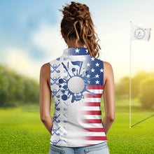 Load image into Gallery viewer, Red, White &amp; Blue American Flag Women Sleeveless Golf polo shirts, patriotic Ladies Golf Outfit NQS10035