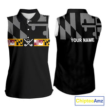 Load image into Gallery viewer, Maryland Flag black Women sleeveless golf polo shirt Custom Patriotic Golf top, gifts for golf lovers NQS10195