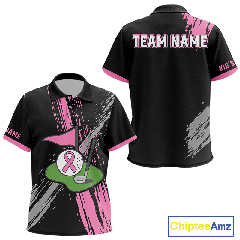 Black and pink ribbon Breast Cancer Awareness golf shirts custom Kid golf polo shirt, best golf gift NQS10196