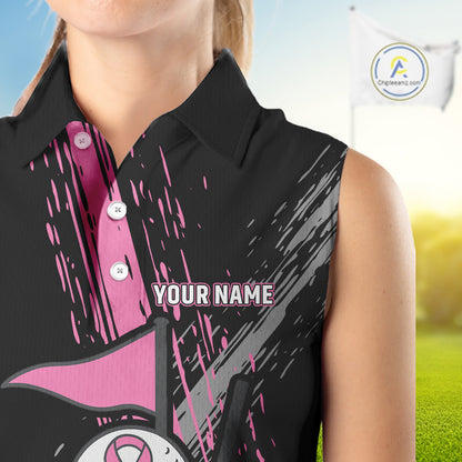 Black and pink ribbon Breast Cancer Awareness golf shirts custom Women sleeveless golf polo shirt NQS10196