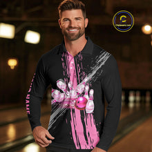 Load image into Gallery viewer, Black and pink ribbon Breast Cancer Awareness Bowling Shirts For Men custom team bowling jerseys NQS10197