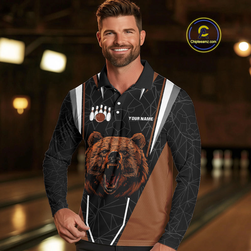 Personalized Bear Bowling Polo, Quarter Zip Shirts For Men, Bear Bowling Team Brown League Jersey NQS10344