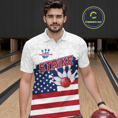 Personalized American Flag Strike Bowling Polo, 1/4 Zip Shirts For Men, Patriotic Bowling Team Jersey NQS10345