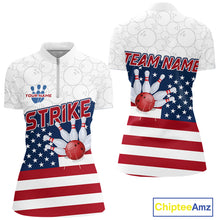 Load image into Gallery viewer, Personalized American Flag Strike Women Bowling Polo, 1/4 Zip Shirts, Patriotic Bowling Team Jersey NQS10345